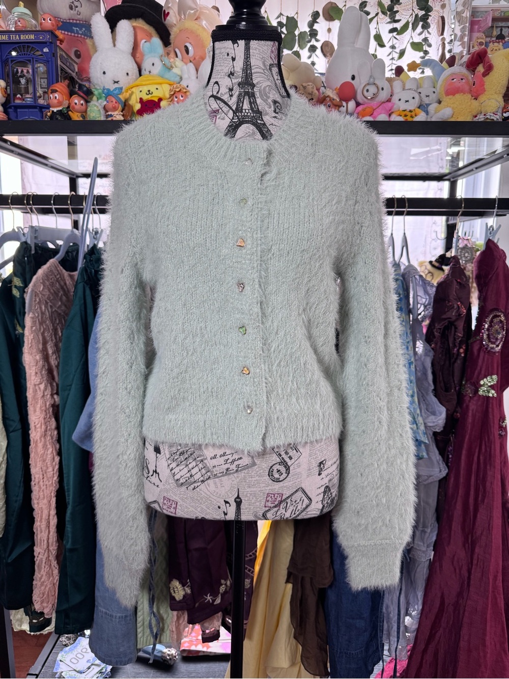 Free People Celeste Crystal Heart Green Fuzzy Button-Front Cardigan
